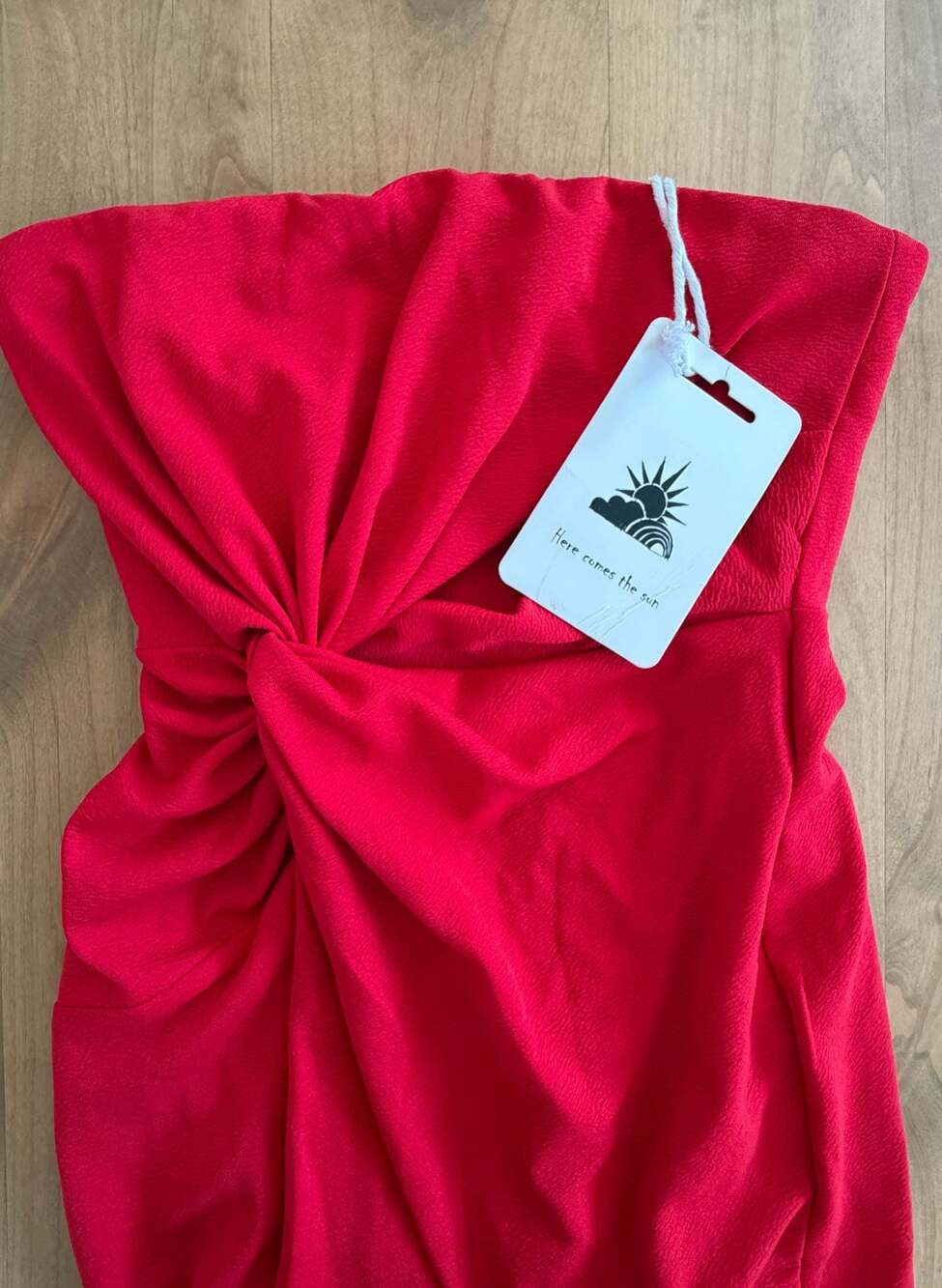 Here Comes The Sun Red Strapless Twist Front Ruffle Hem Midi Dress Size L